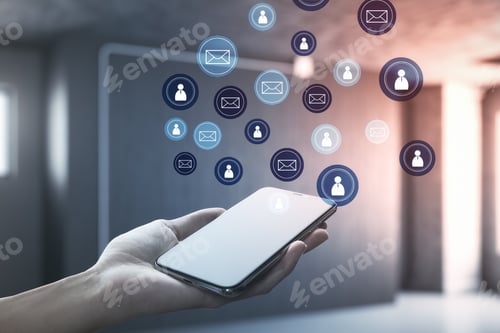 Preview: Hand Holding Smartphone With Glowing Email Network. E-Mail Marketing, Message And Communication