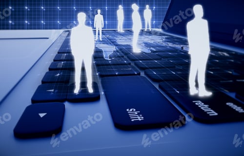 Preview: Abstract Human Icons On Laptop Keyboard With Map. Hr, Global Business And Technologies Concept