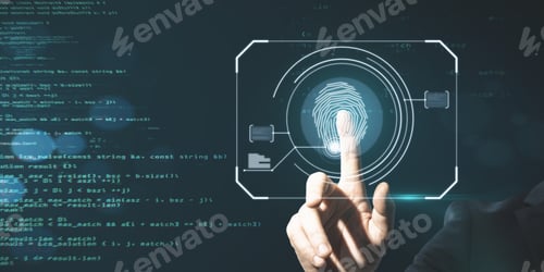 Preview: Business Man Hand Pointing At Glowing Finger Print Interface On Dark Background With Coding