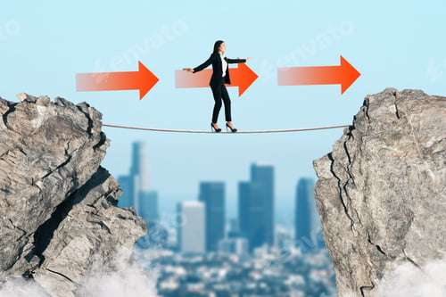Preview: Young Businesswoman Balancing On Tightrope Between Two Cliffs On Blurry City Background. Success