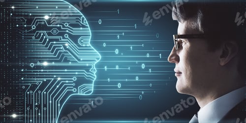 Preview: Side Portrait Of Attractive Young European Businessman With Digital Head Outline, Circuit And
