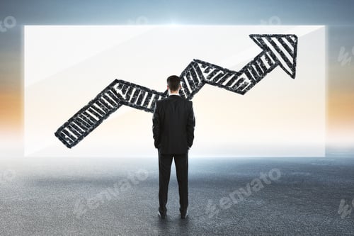 Preview: Back View Of Businessman Looking At Banner With Drawn Arrow On Blurry Background. Success And