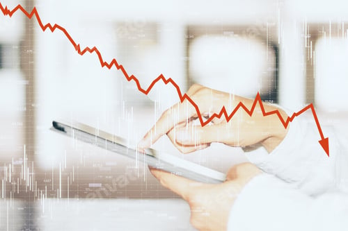 Preview: Close Up And Side View Of Hands Using Smartphone With Downward Red Chart Arrow. Decrease, Internet