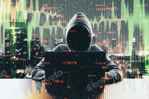 Preview: Hacker At Desktop Using Laptop With Binary Code And Forex Chart On Blurry City Background. Malware