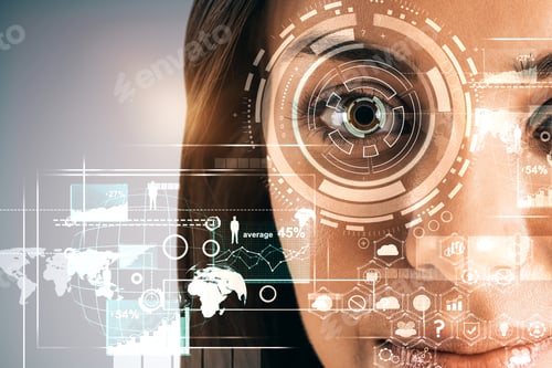 Preview: Young Businesswoman With Face Access Interface. Biometrics And Future Concept. Double Exposure