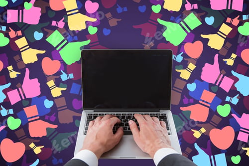 Preview: Close Up Of Hands Using Laptop Keyboard With Mock Up Screen On Abstract Colorful Social Media Icons