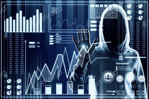 Preview: Malware And Hud Concept. Hacker Using Digital Business Interface On Blurry Background. Double