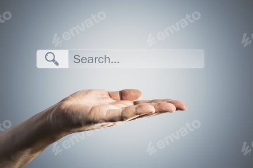 Preview: Searching Browsing Internet Data Information Concept With Man Palm And Search Box And Loupe Above