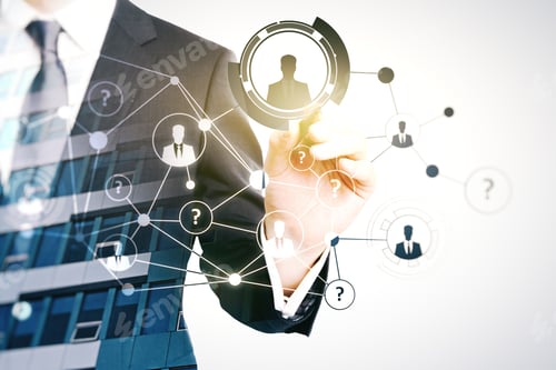 Preview: Businessman Pointing At Abstract Digital Hr Network On City Background. Employment Concept. Double