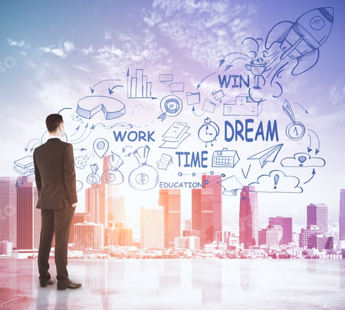 Preview: Businessman On Creative City Background Looking At Business Sketch. Entrepreneurship Concept