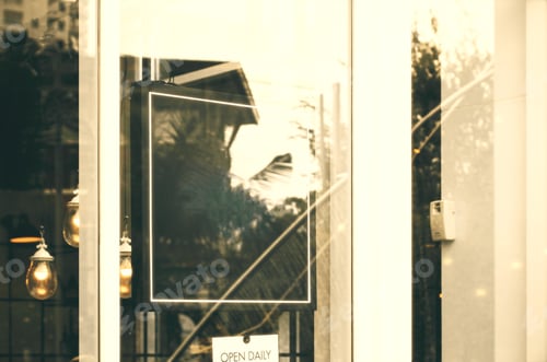 Preview: Close Up Of Empty Poster Behind Glass With Reflections. Mock Up. Toned Image