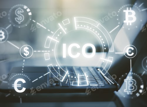 Preview: Close Up Of Laptop With Abstract Ico Hologram. Initial Coin Offering Concept. Double Exposure