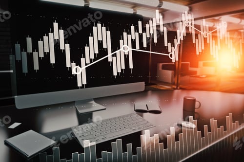 Preview: Close Up Of Modern Workplace With Computer Monitor, Coffee Cup, Supplies And Abstract Forex Chart