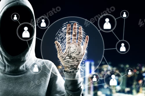 Preview: Hacker Hand On Creative Blue Finger Print Button With Connections On Blurry Night City Background