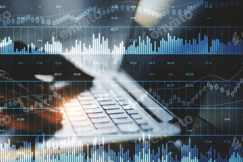 Preview: Trade And Finance Concept. Close Up Of Hands Using Laptop With Forex Chart Hologram. Blurry