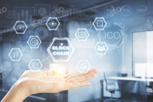 Preview: Hand Holding Abstract Blockchain Interface On Blurry Office Interior Background. Cryptocurrency And