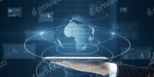 Preview: Close Up Of Businessman Hand Holding Tablet With Glowing Globe And Business Chart Hologram On Blue