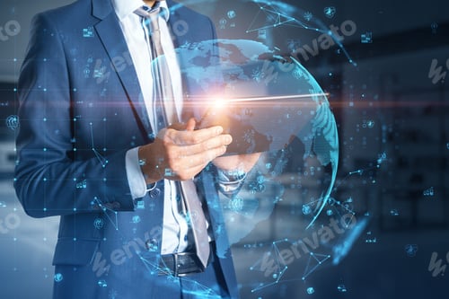Preview: Close Up Of Businessman Hand Holding Tablet With Glowing Polygonal Globe With Social Icons On