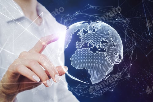 Preview: Close Up Of Hand Using Abstract Globe Hologram On Blurry Background. Cyberspace And World Concept.