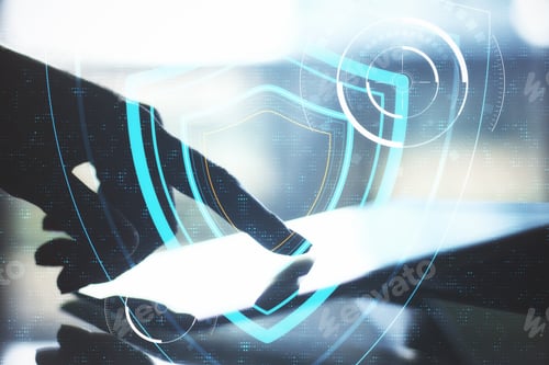 Preview: Hand Using Tablet On Table And Digital System Security Interface. Business And Security Concept