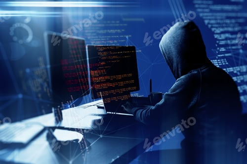 Preview: Hacker Using Laptop Computer With Html Code And Map. Attack And Programming Concept. Double Exposure