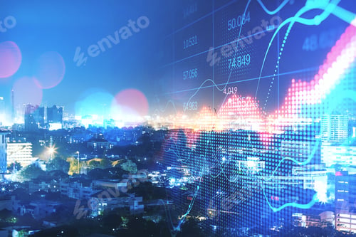 Preview: Creative Red Forex Chart On Blurry Night City Background. Crisis And Collapse Concept. Double
