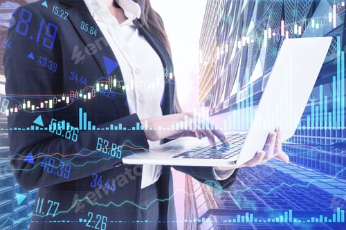 Preview: Online Trading Concept With Businesswoman Using Laptop At Skyscrapers Background And Digital Screen