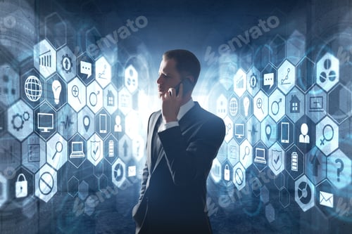 Preview: Businessman Talking On The Phone On Abstract Blurry Background With Digital Interface. Future And