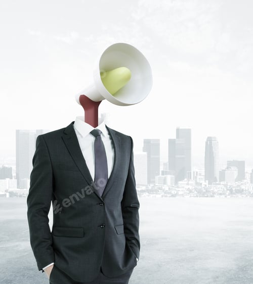 Preview: Loud Speaker Headed Businessman On City Background. Communication, Voice And Power Concept