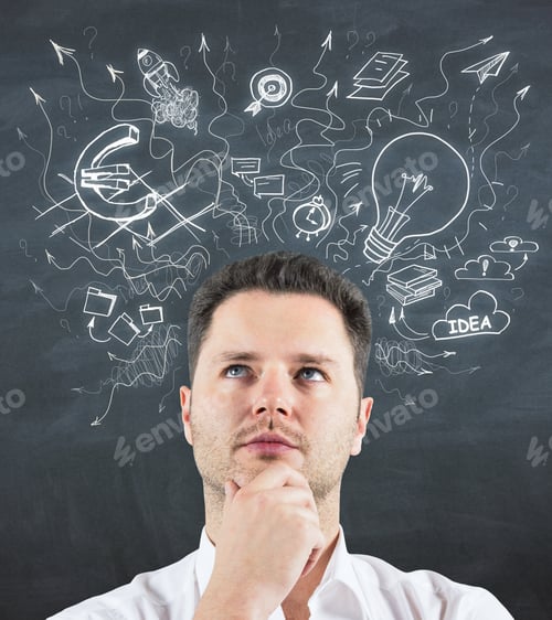 Preview: Business Sketch. Thoughtful Businessman Portrait On Chalkboard Wall Background With Drawing