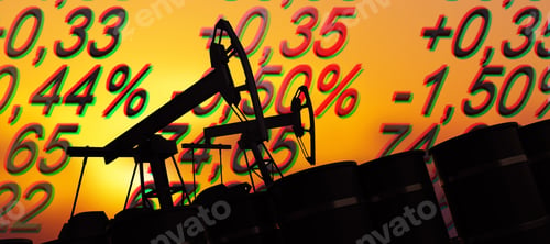 Preview: Abstract Oil Pumps And Falling Stocks On Sunset Background, Crisis And Market Concept