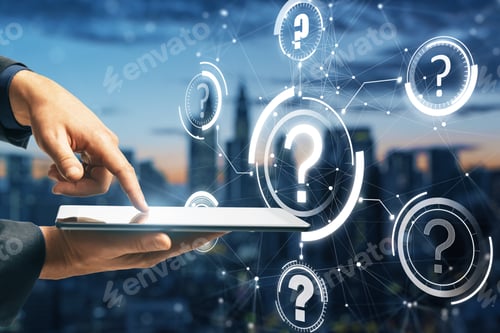 Preview: Close Up Of Businessman Hand Pointing At Tablet With Abstract Glowing Question Marks Interface On