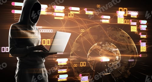 Preview: Internet Security Concept With Hacker Using Laptop At Digital Map With Node Tree And World Map