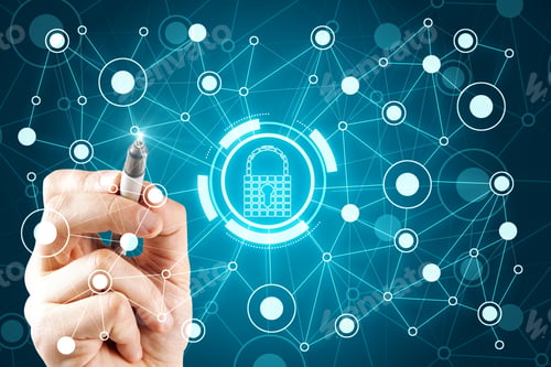 Preview: Hand Using Creative Glowing Digital Padlock Network On Blue Background. Safety And Hud Concept