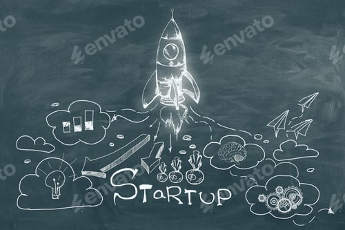 Preview: Creative Business Rocket Sketch On Chalkboard Wall Background. Start Up And Leadership Concept