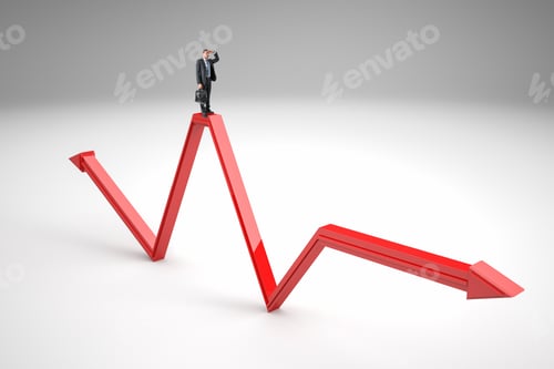 Preview: Businessman Standing On Abstract Red Arrow And Looking Into The Distance On Gray Background