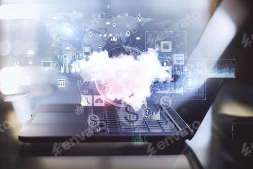 Preview: Digital Tablet With Online Networking Cloud Diagram. Cloud Computing And Communication Concept.