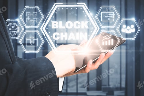 Preview: Hand Using Tablet With Glowing Hologram On Blurry Background. E-Commerce, Cryptocurrency And