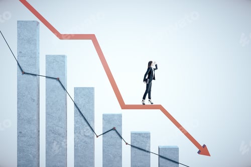 Preview: Businesswoman Standing On Business Chart With Downtrend Graph. Trade 2020 Crisis Concept