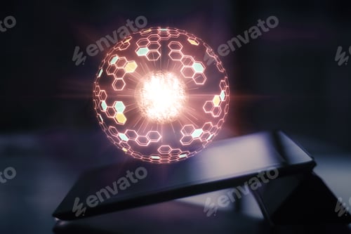 Preview: Close Up Of Tablet With Abstract Glowing Sphere On Dark Background. Innovation And Technology
