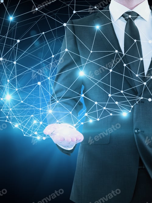 Preview: Businessman Holding Abstract Connected Illuminated Dots On Blue Background. Technology Concept