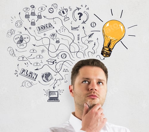Preview: Thoughtful Young Businessman With Creative Drawn Lamp Sketch On Light Background. Idea And