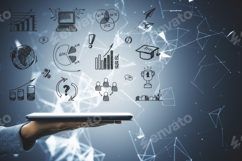 Preview: Hand Holding Digital Tablet And Drawing Charts And Graphs On Polygonal Background. Finance And