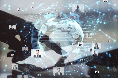 Preview: Close Up Of Hand Using Tablet At Desktop With Abstract Glowing Globe Hologram With Photo Gallery On