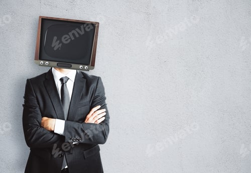 Preview: Tv Headed Businessman With Folded Arms Standing On Concrete Wall Background. Mock Up