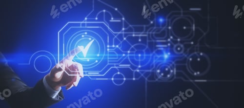 Preview: Close Up Of Male Hand Pointing At Abstract Glowing Digital Business Circuit Network And Tick Mark