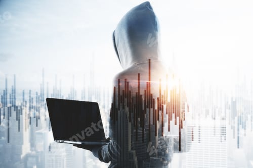 Preview: Side View Of Hacker With Laptop Computer On City Background With Copy Space. Hacking And Web