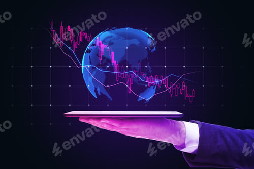 Preview: Close Up Of Hand Holding Smartphone With Global Candlestick Forex Chart On Dark Background. Trade
