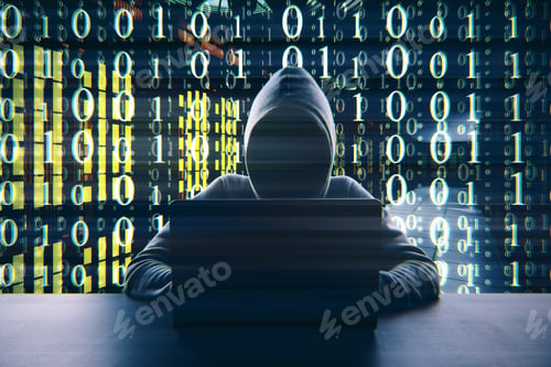 Preview: No Face Hacker With Laptop At Code Background