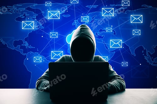 Preview: Hacker In Hoodie Using Laptop At Desktop With Creative Glowing Cloud Email Map Network Hologram On